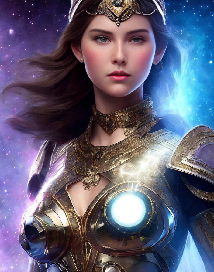 Digital artwork of woman in golden armor with flowing hair in cosmic setting