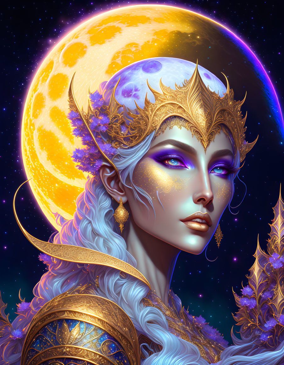 Mystical woman with blue skin and golden headgear in moonlit scene