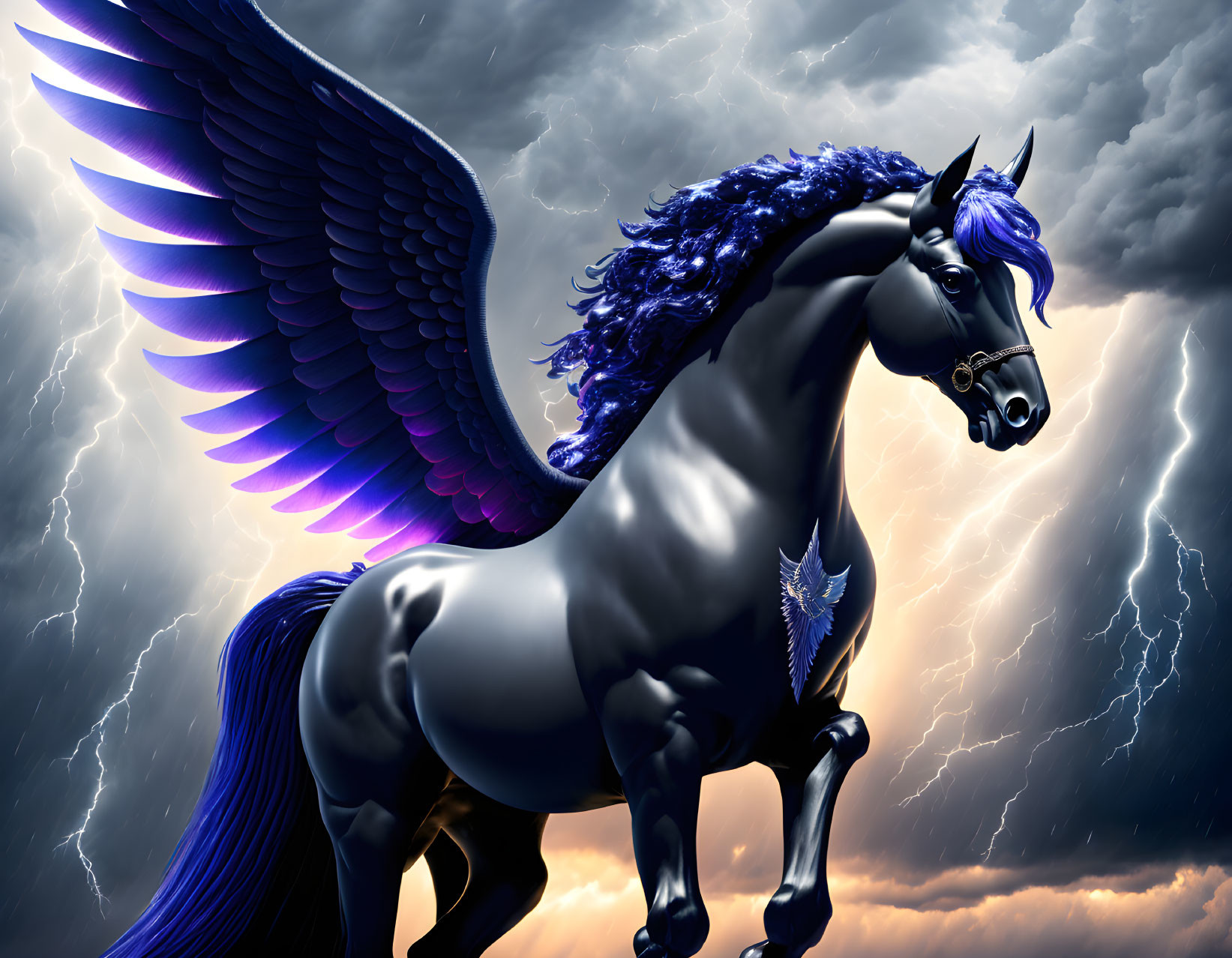 Black Pegasus with Blue Wings and Stormy Skies