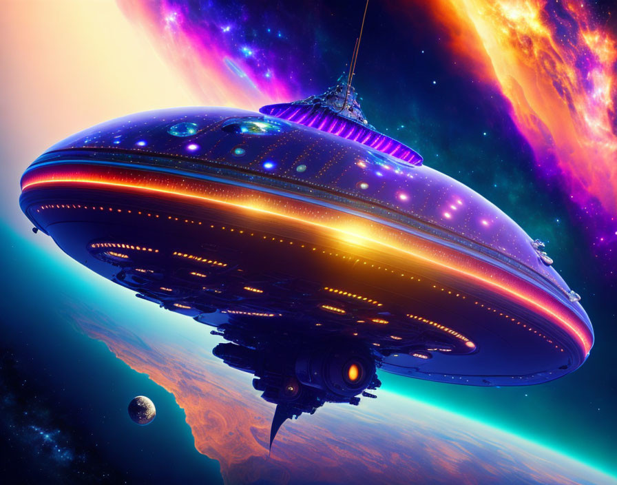 Colorful alien spaceship in vibrant nebula scene