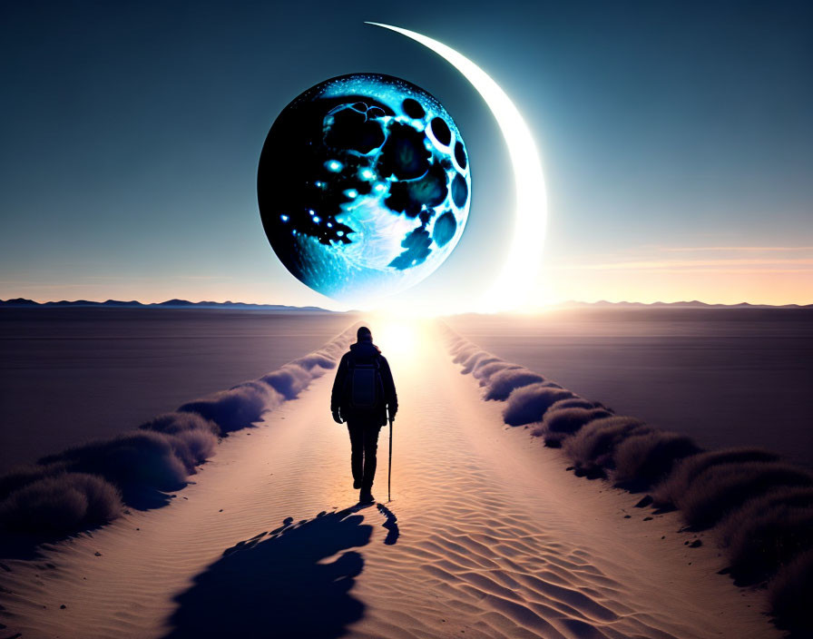 Person standing in desert at twilight facing surreal celestial body.