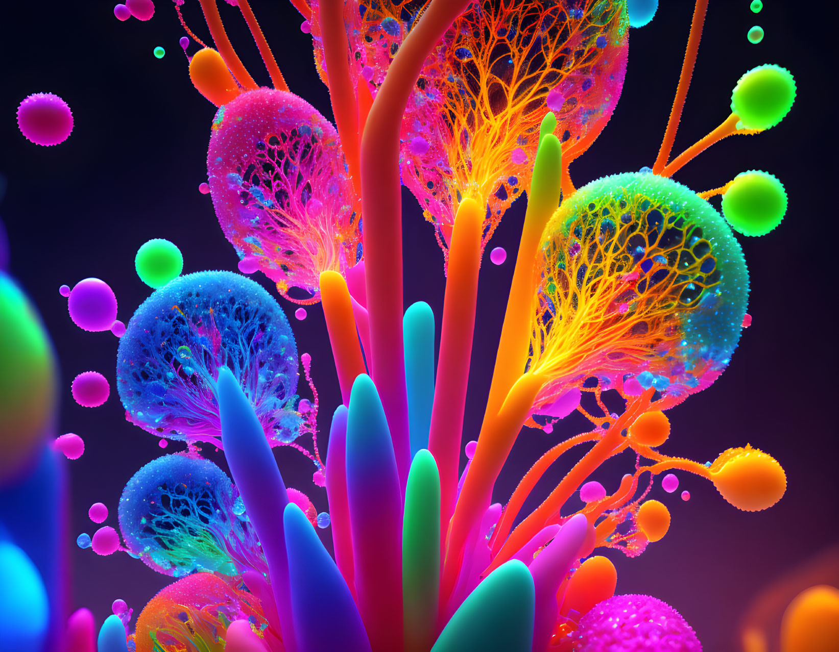 Vibrant 3D Abstract Microscopic Structures in Neon Colors