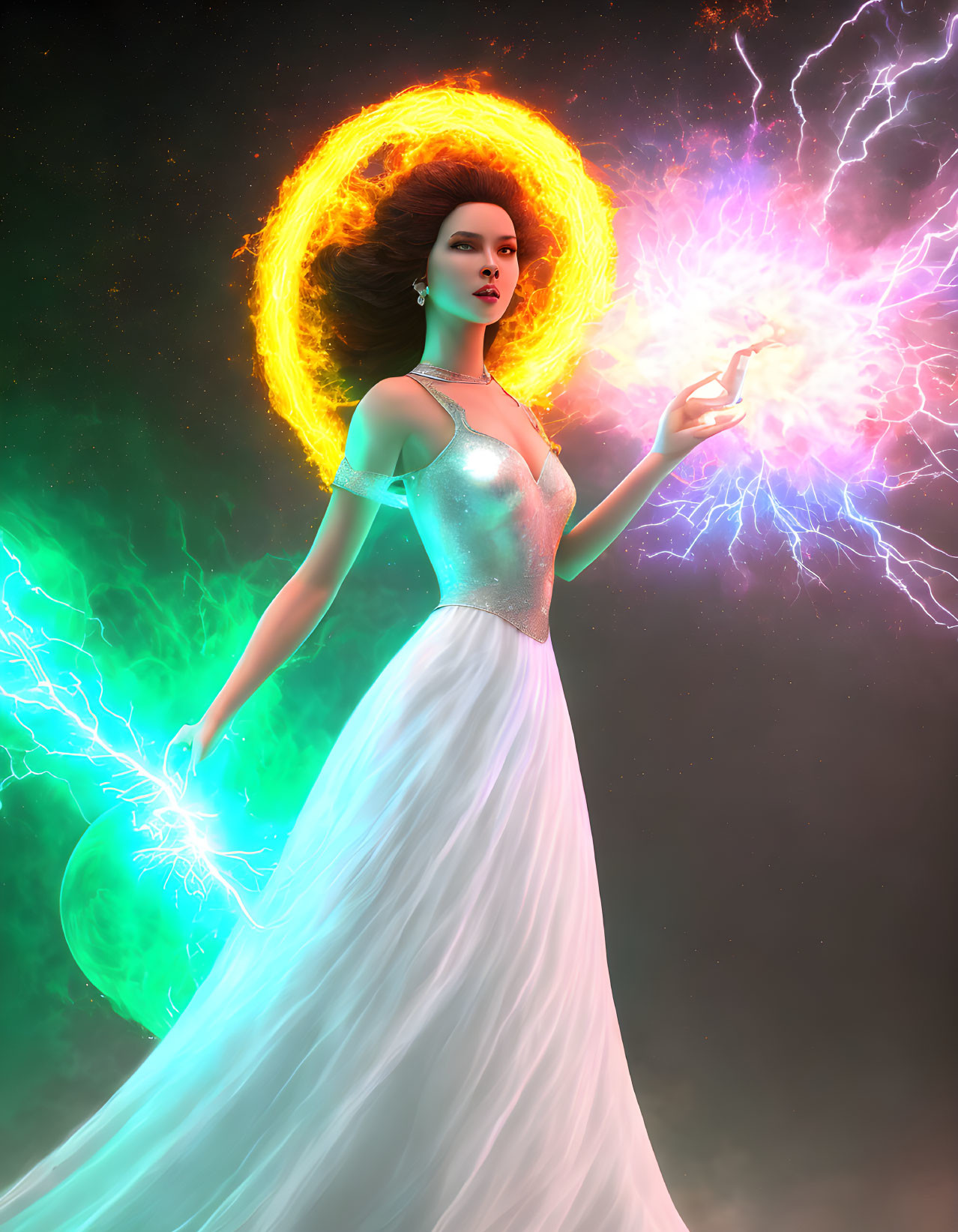 Woman in flowing white dress with cosmic energy and lightning, surrounded by luminous halo