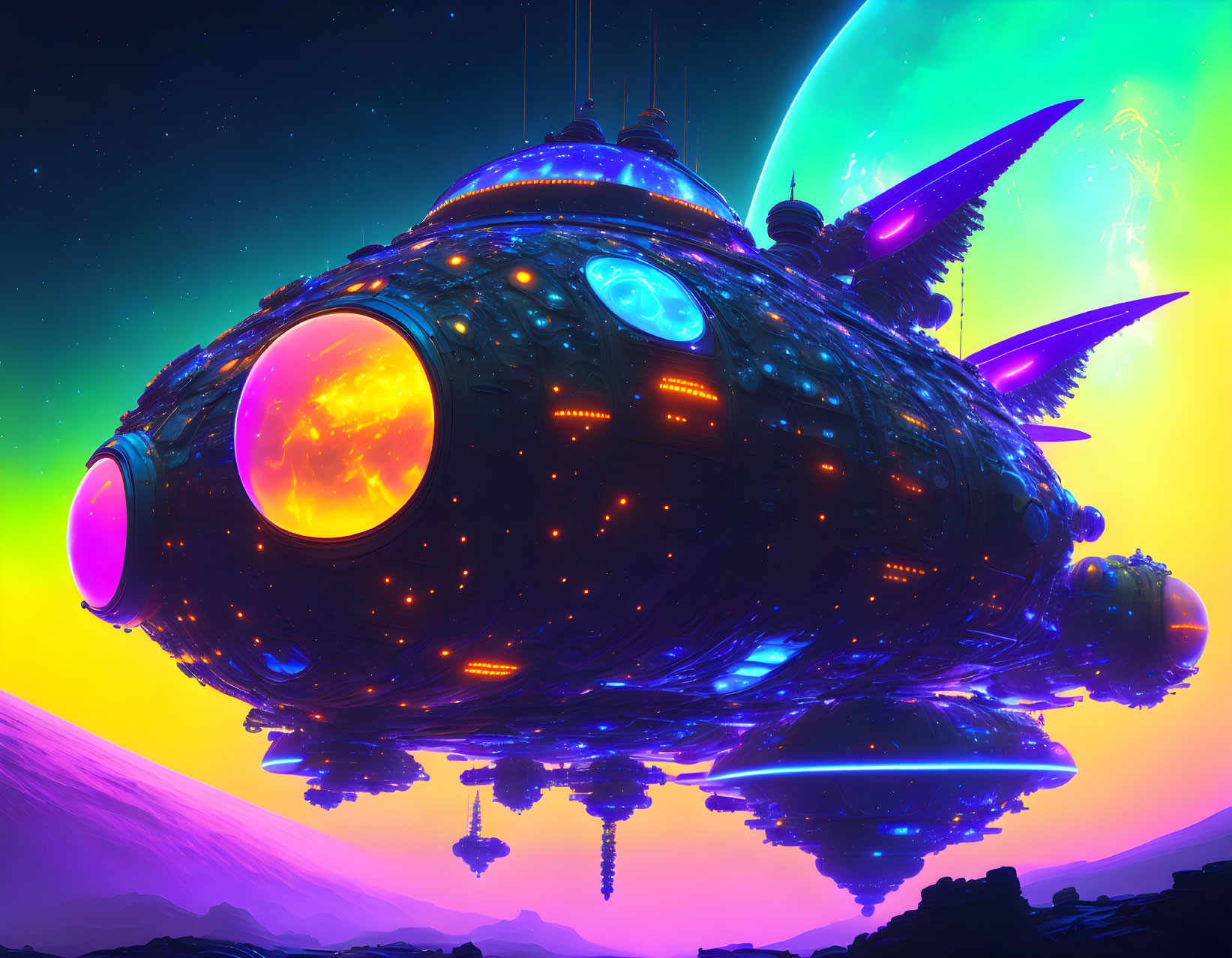 Futuristic spaceship on alien landscape with colorful lights