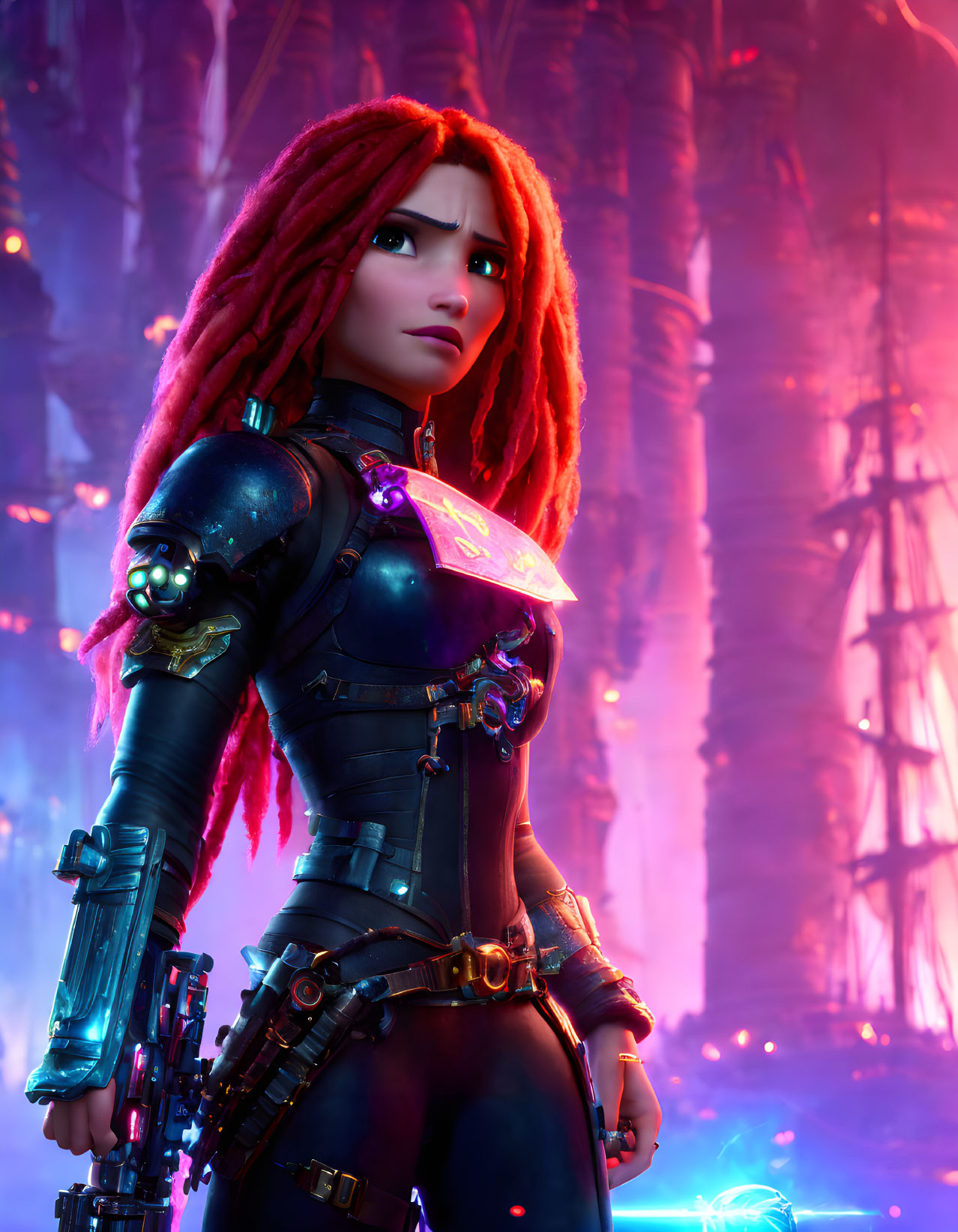 Red Dreadlocked Female Character in Futuristic Armor on Sci-Fi Background