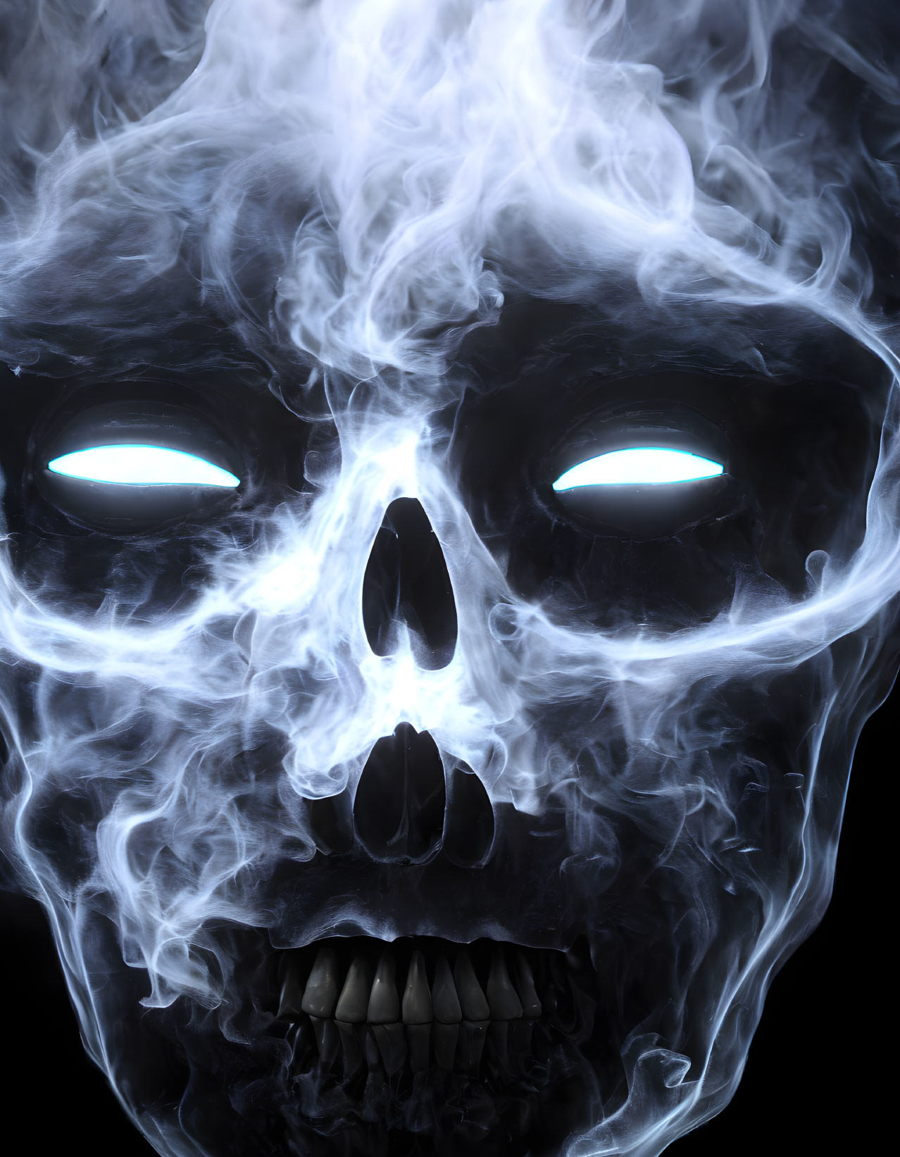 Digital artwork: Skull in blue-tinted smoke with glowing eyes