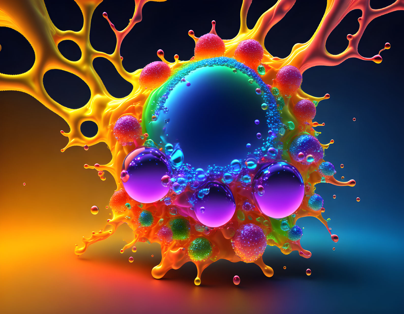 Colorful Orange Fluid with Blue and Purple Bubbles on Dark Background