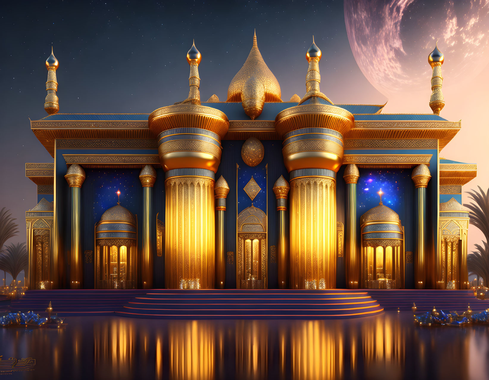 Golden Palace with Starry Details and Crescent Moons Reflected in Water