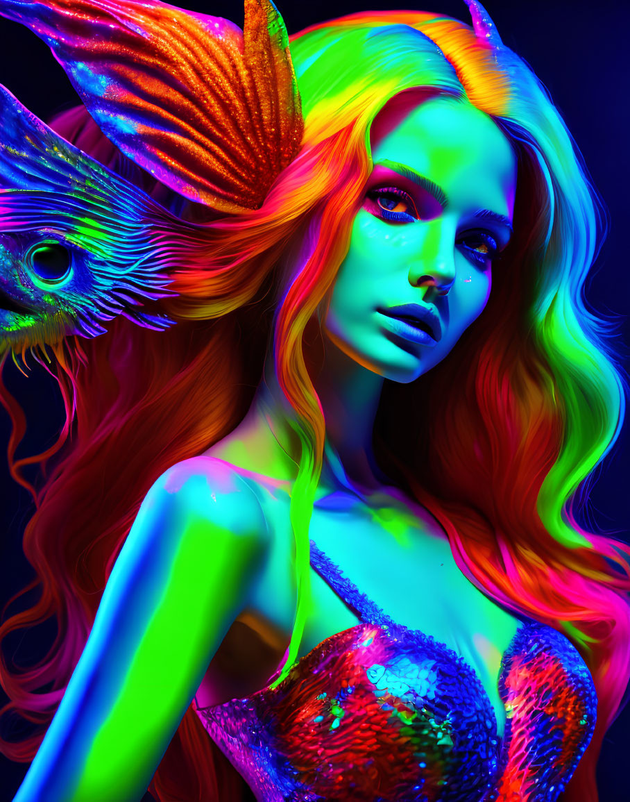 Vibrant portrait of a woman with neon hair and fantasy attire