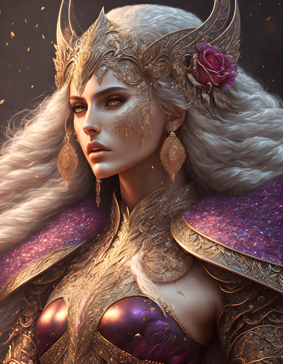 Elven queen digital artwork: golden armor, purple cape, white hair