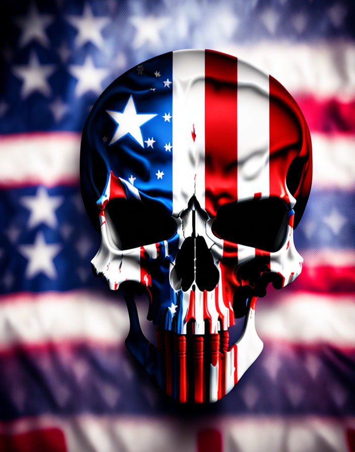 Skull with American Flag Design on Blurred Flag Background