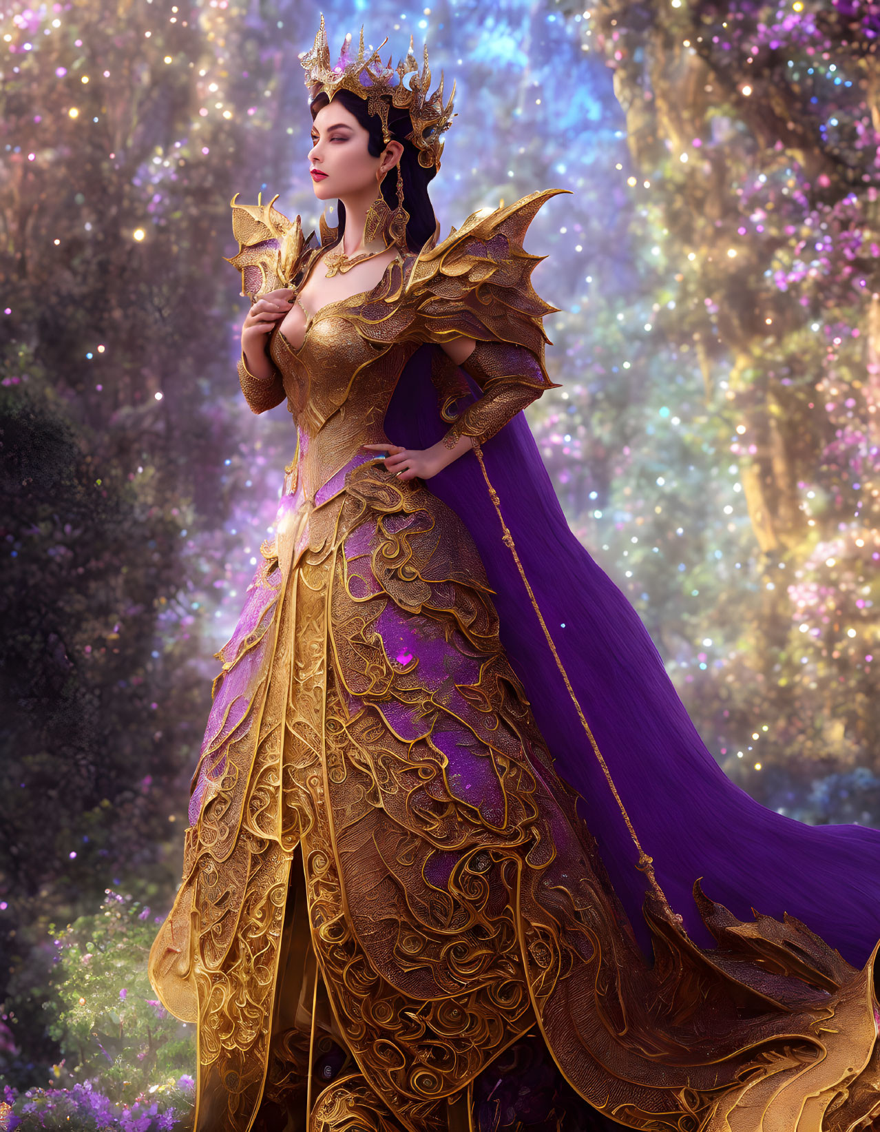 Regal woman in golden gown and crown in fantastical forest