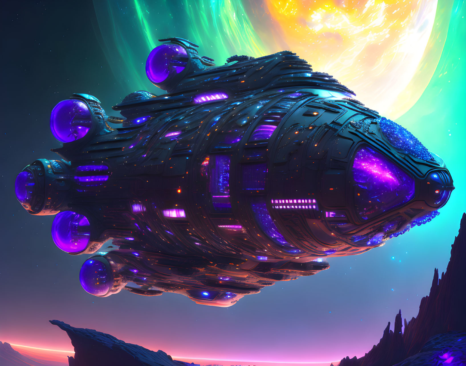 Futuristic spaceship with glowing blue engines over colorful alien landscape