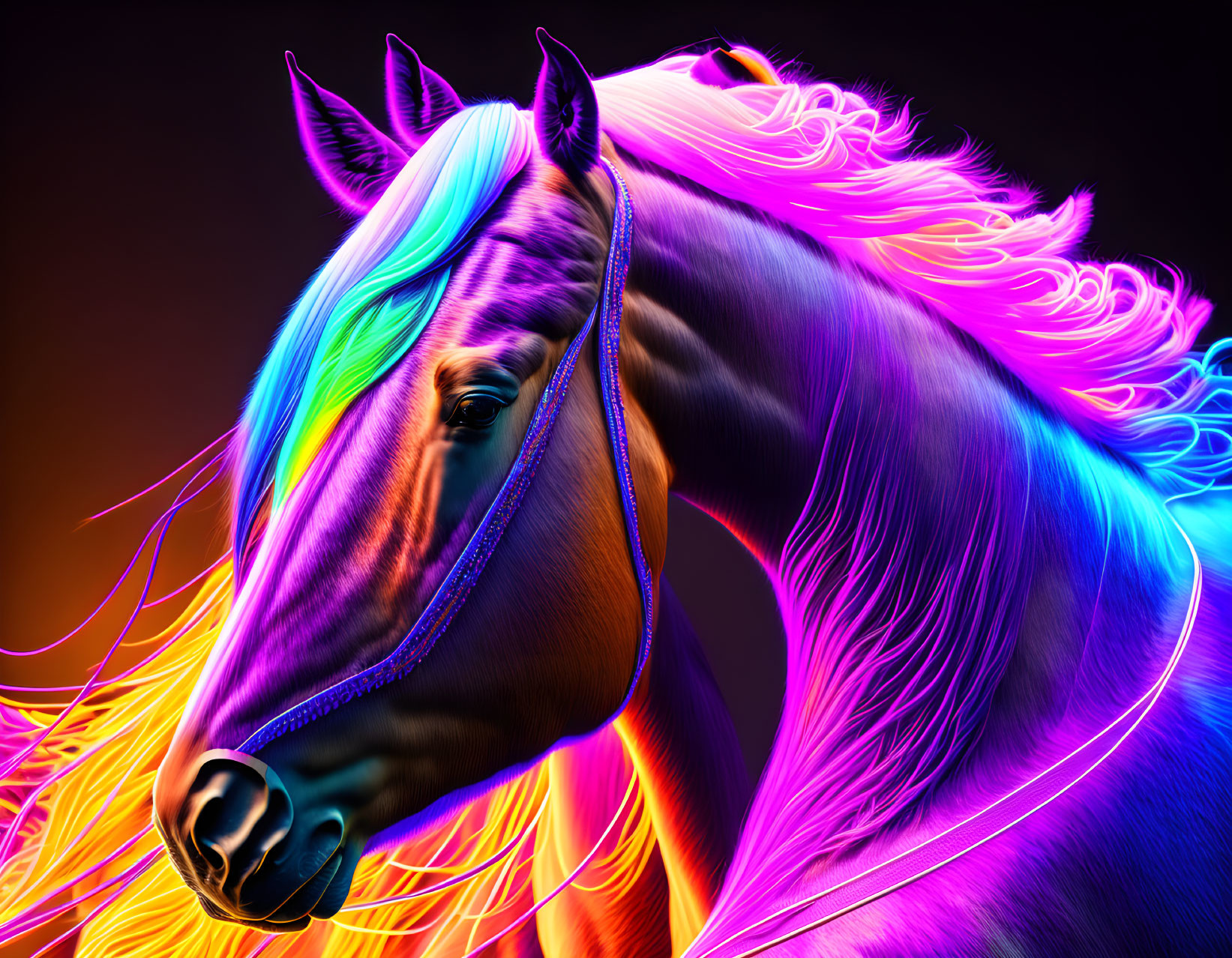 Vibrant Neon-Colored Mane Horse on Dark Background