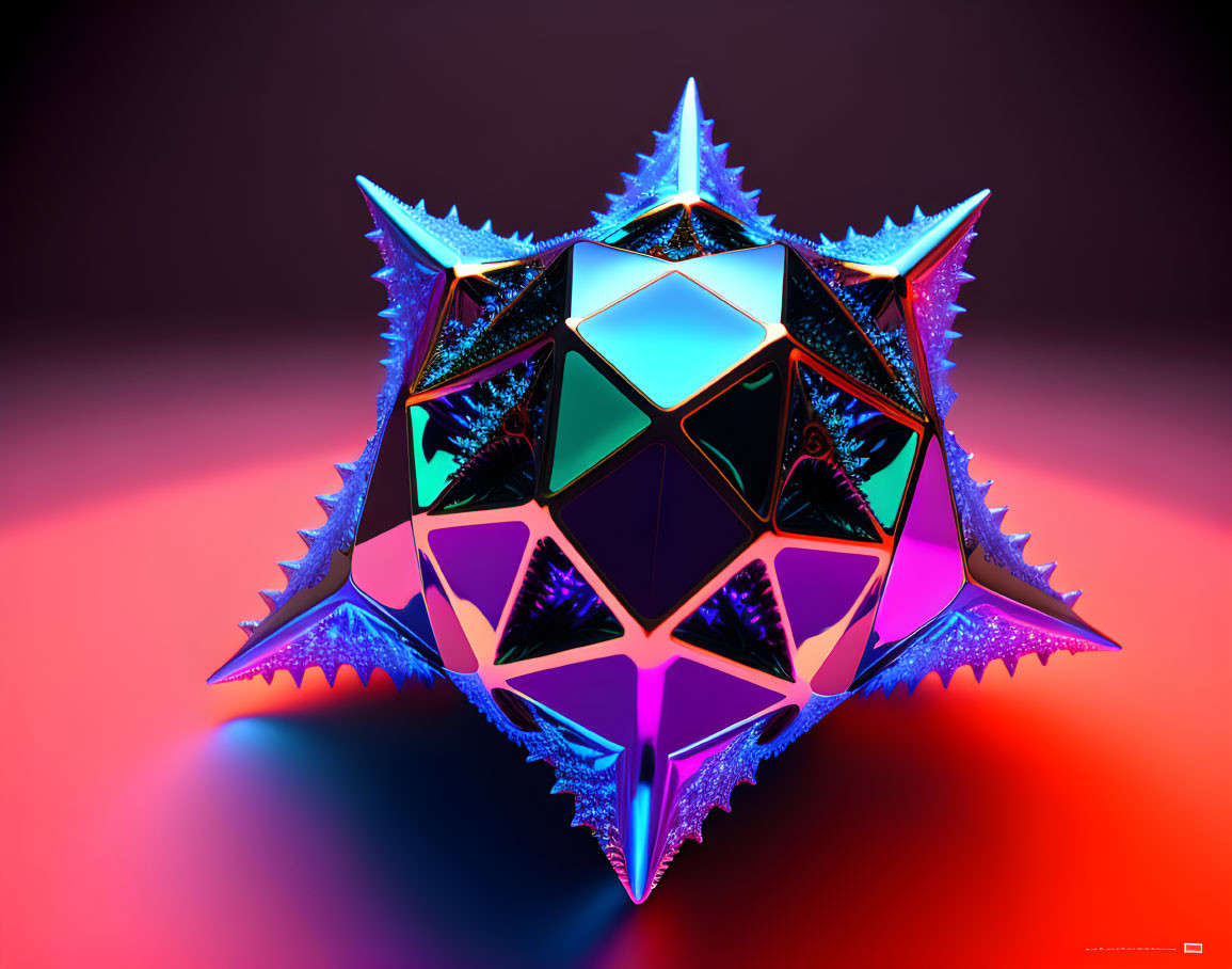 Colorful 3D-rendered stellated polyhedron with spiky extensions on gradient