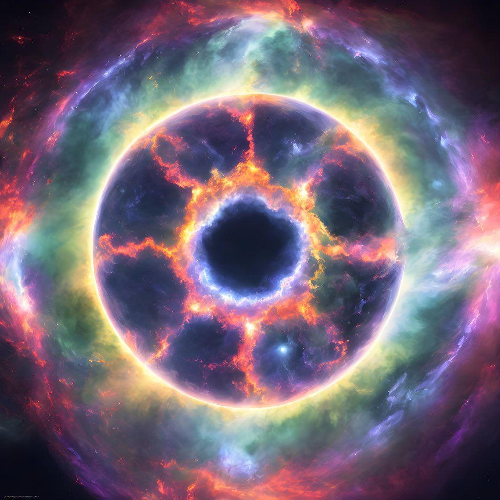 Circular Nebula with Glowing Core and Cosmic Patterns