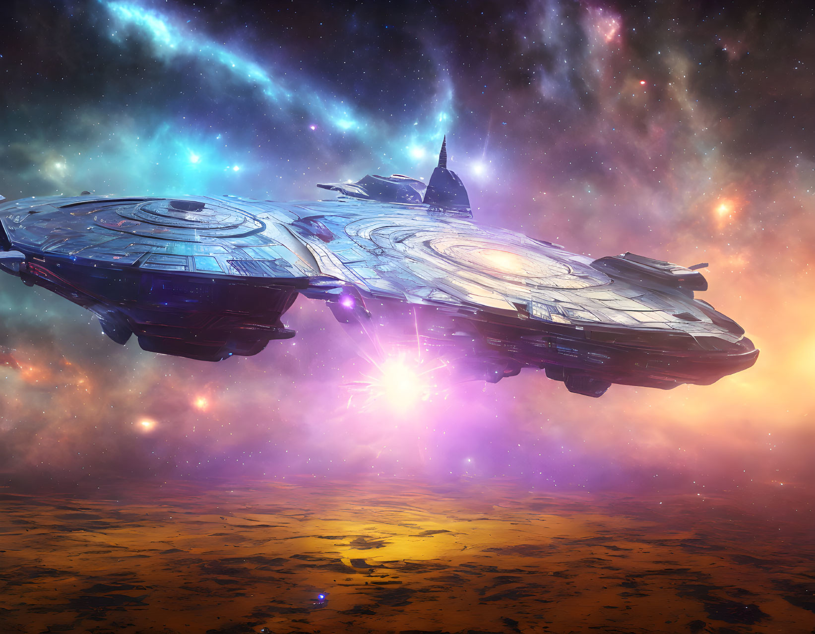 Detailed digital artwork: Spaceship in cosmic nebula