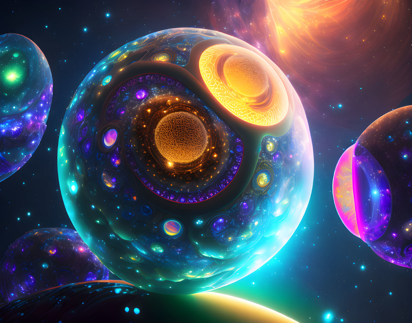 Colorful digital artwork: intricate fractal sphere with cosmic backdrop