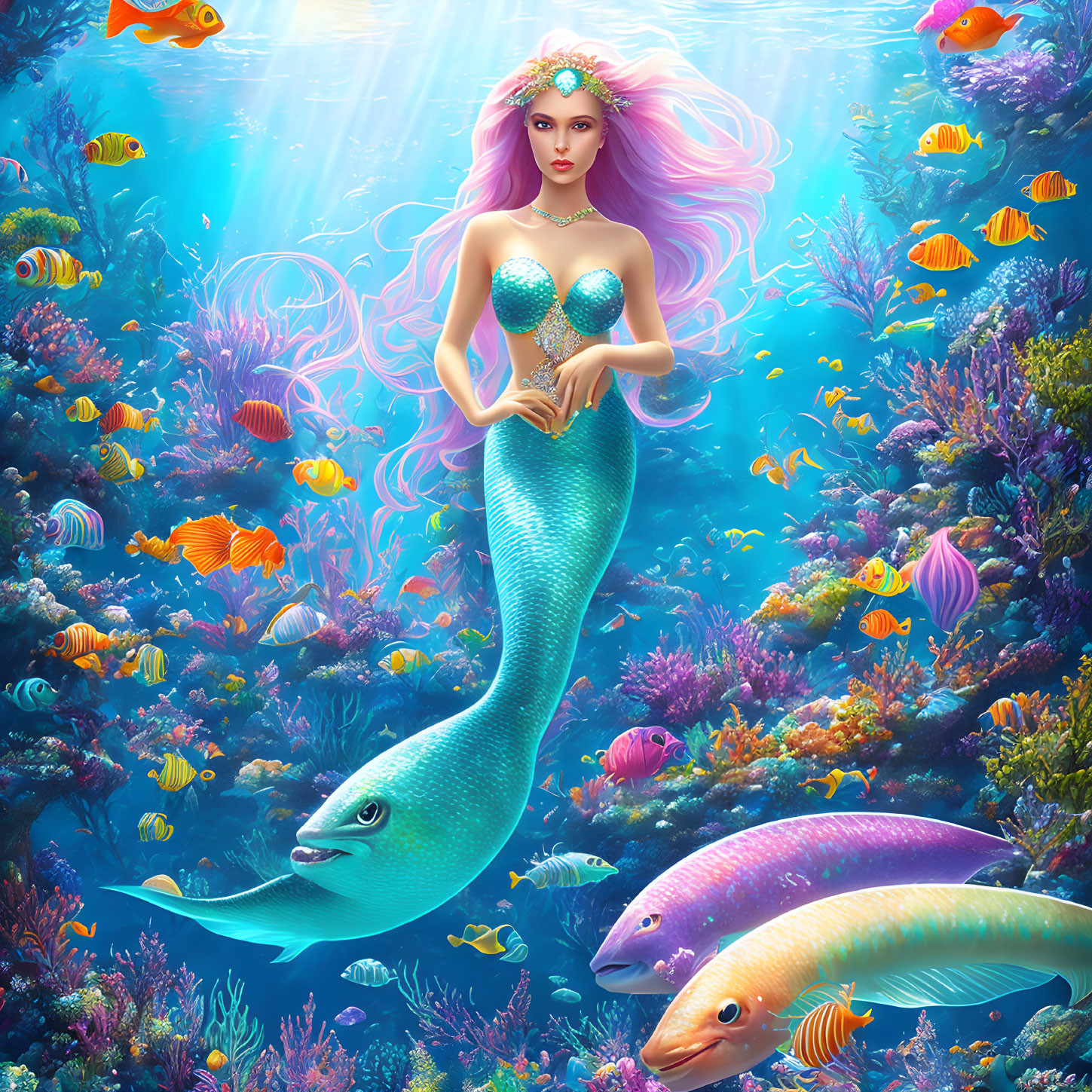 Colorful Underwater Scene with Mermaid, Tropical Fish, and Coral Reefs