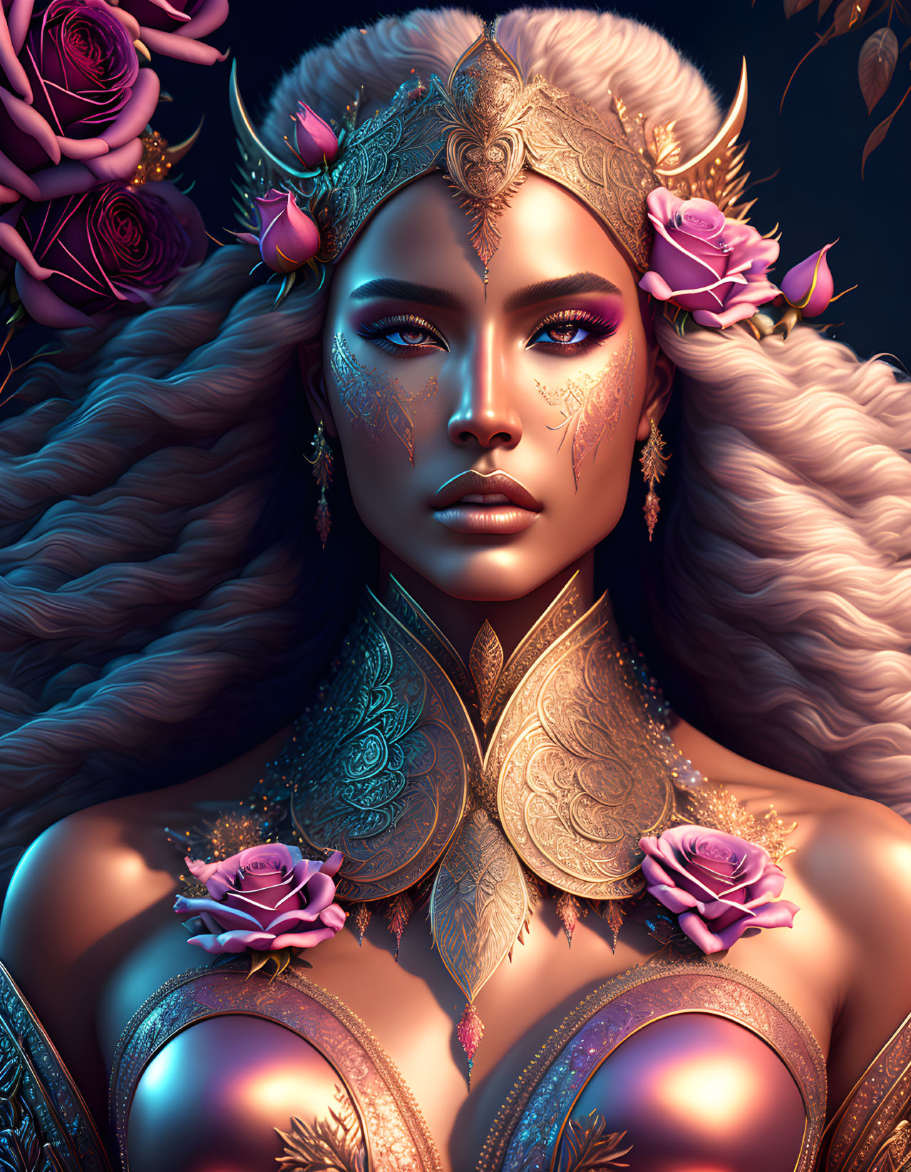 Digital artwork: Woman with gold tattoos, roses, peacock feathers; mystical and regal aura.