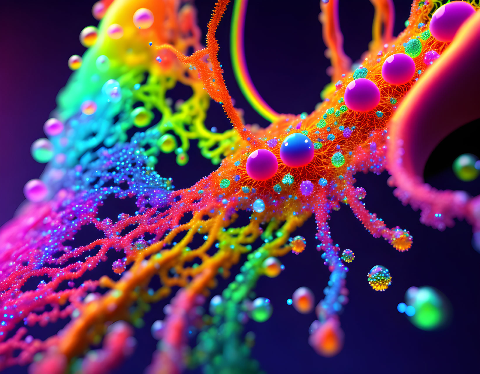 Colorful Abstract Art: Interconnected Tendrils & Spheres in Microscopic Scene