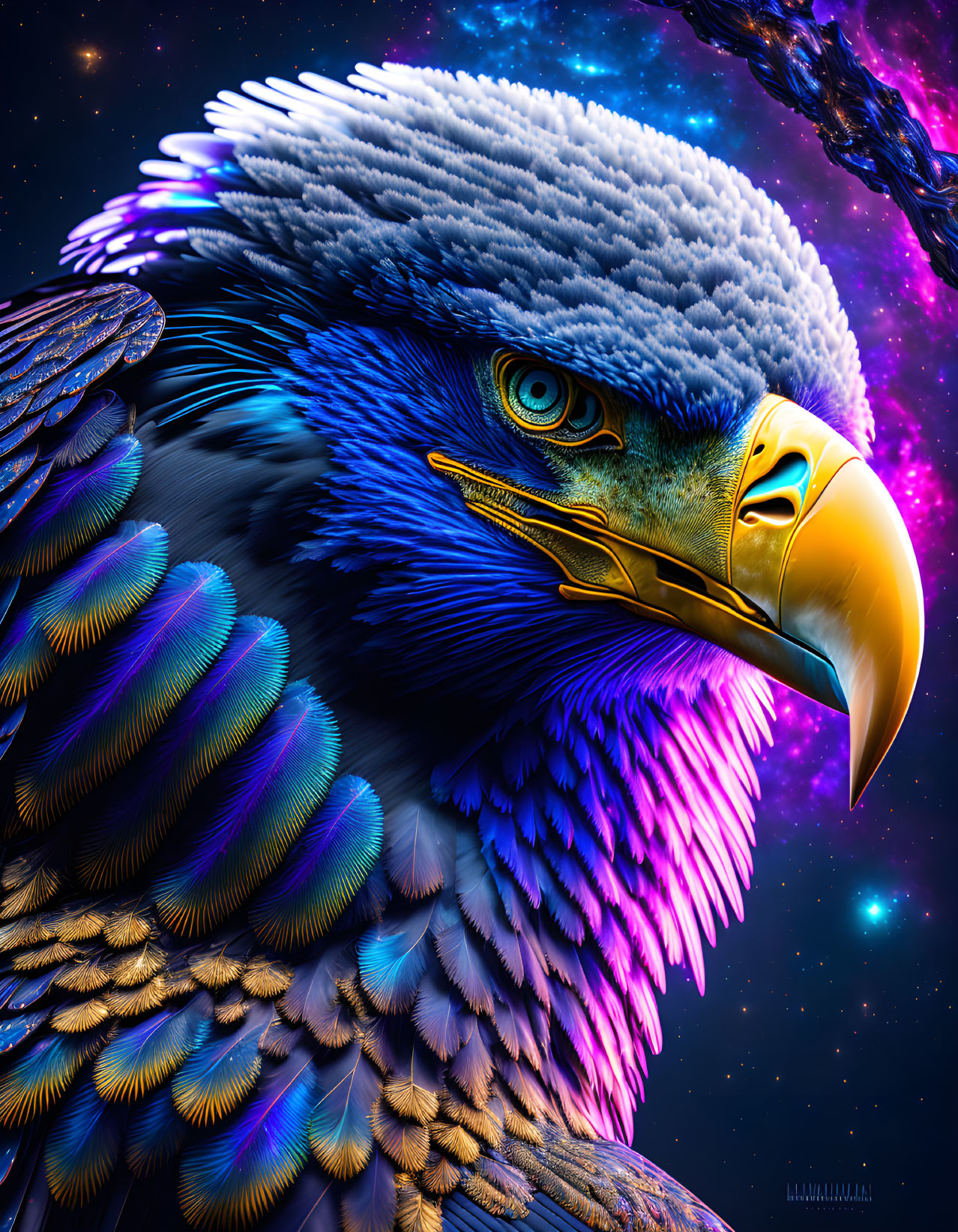 Colorful digital artwork: Eagle with blue and purple feathers on cosmic background