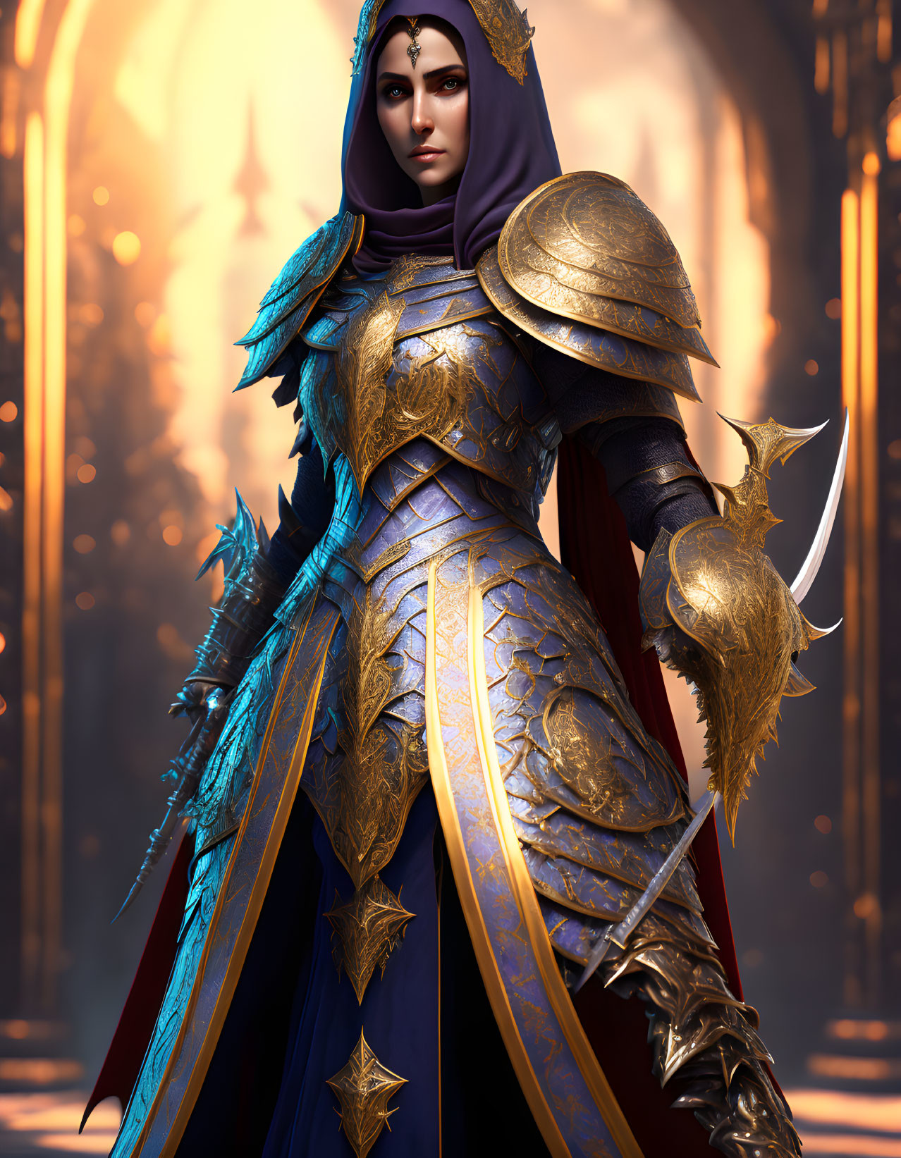 Regal female warrior in golden and blue armor with determined gaze amid majestic backdrop