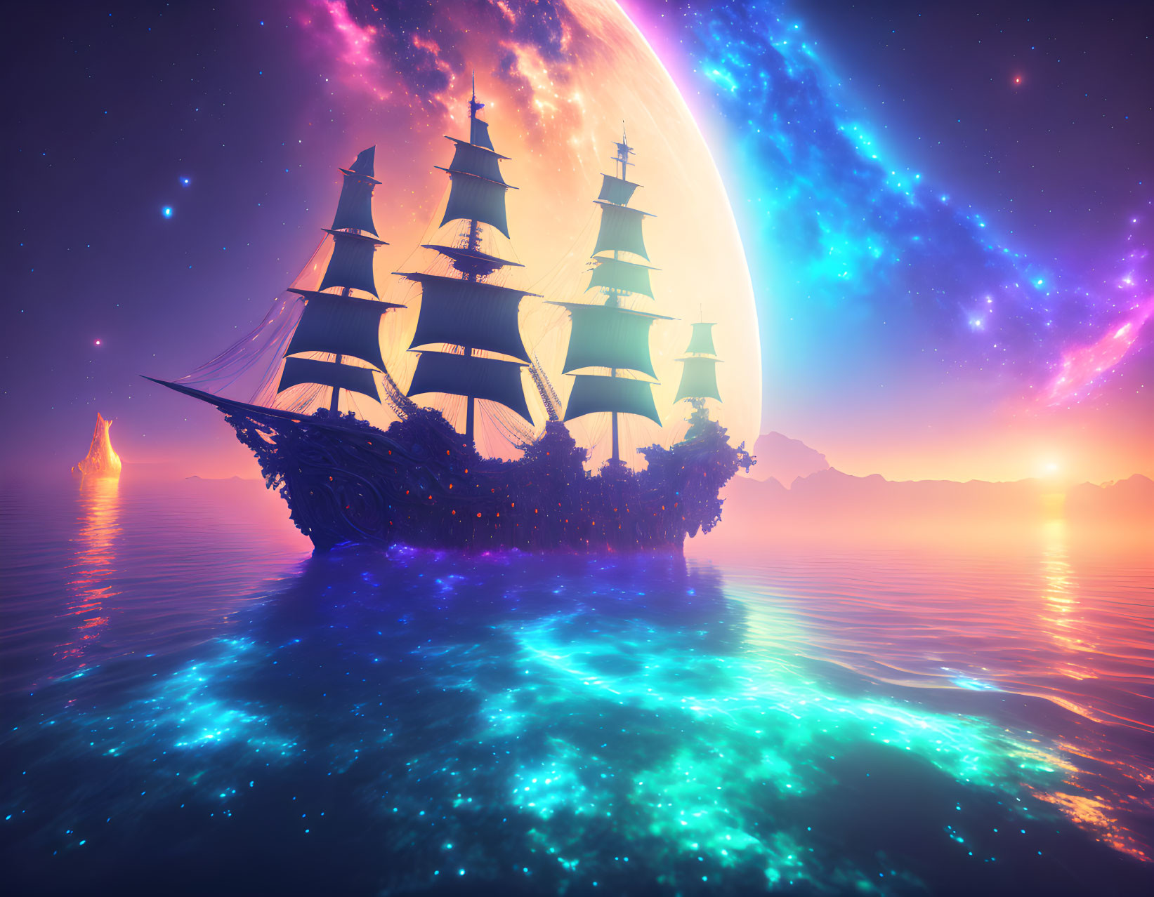 Fantasy sailing ship on glowing cosmic ocean with starry sky