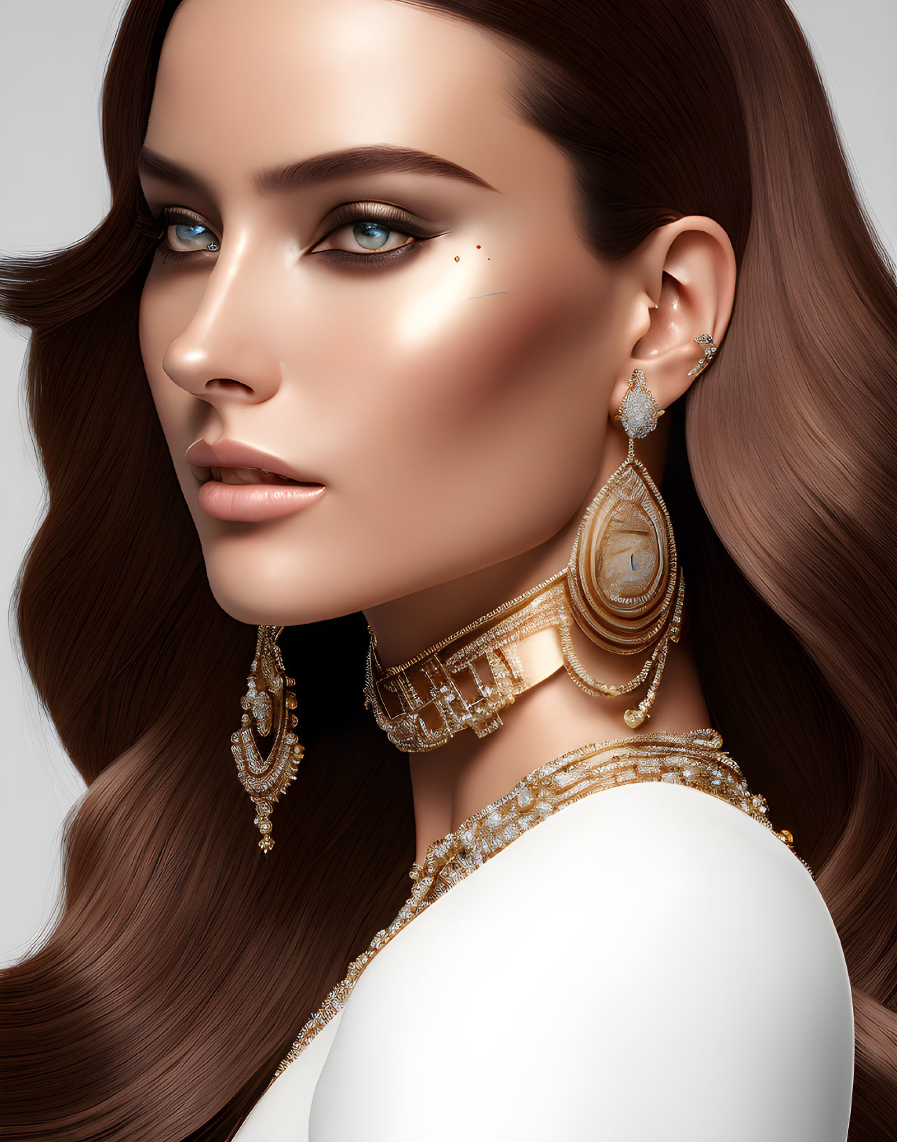 Digital artwork of woman with glamorous makeup and elegant gold jewelry