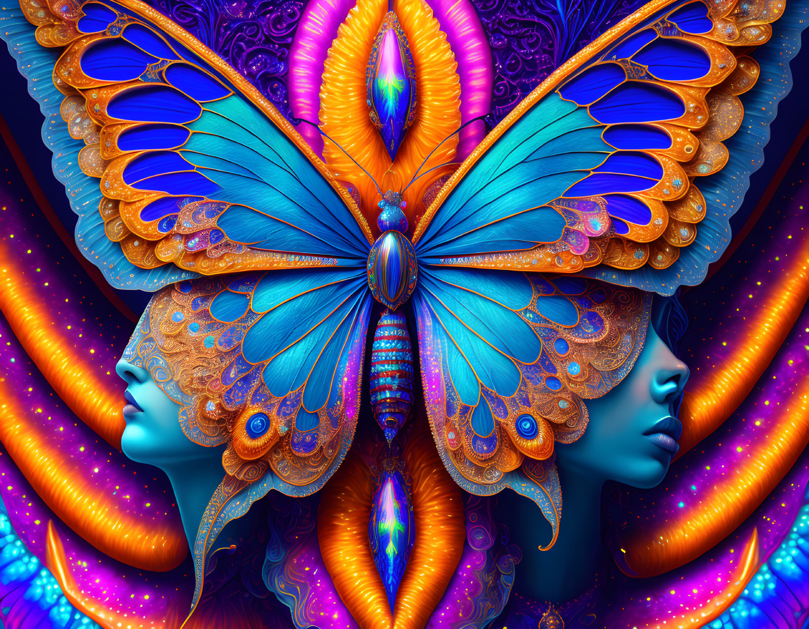 Symmetrical female profiles with butterfly motif in vibrant digital artwork