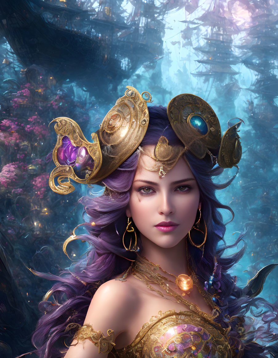 Purple-haired woman with golden crown in mystical forest setting.