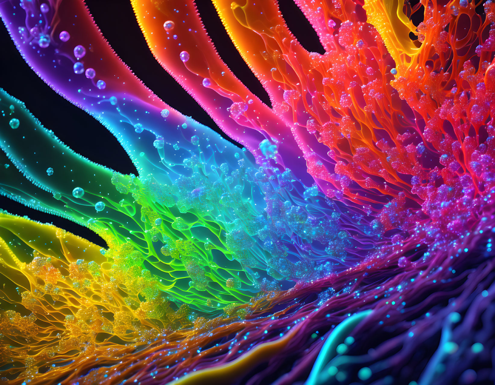 Colorful digital art: dynamic shapes & bubbles in rainbow spectrum