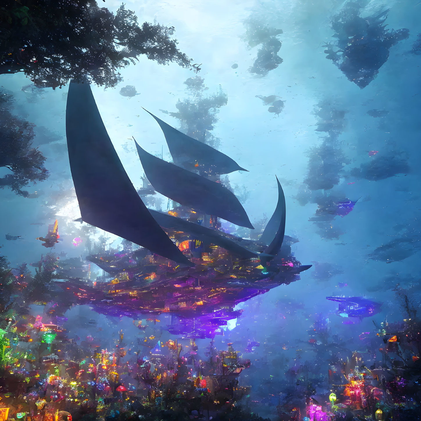 Sunken ship and marine life in mystical underwater scene