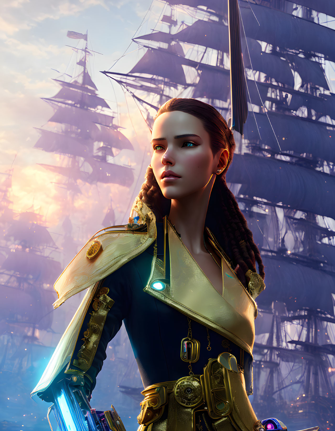 Futuristic naval uniform woman digital art sunset sky sailing ships