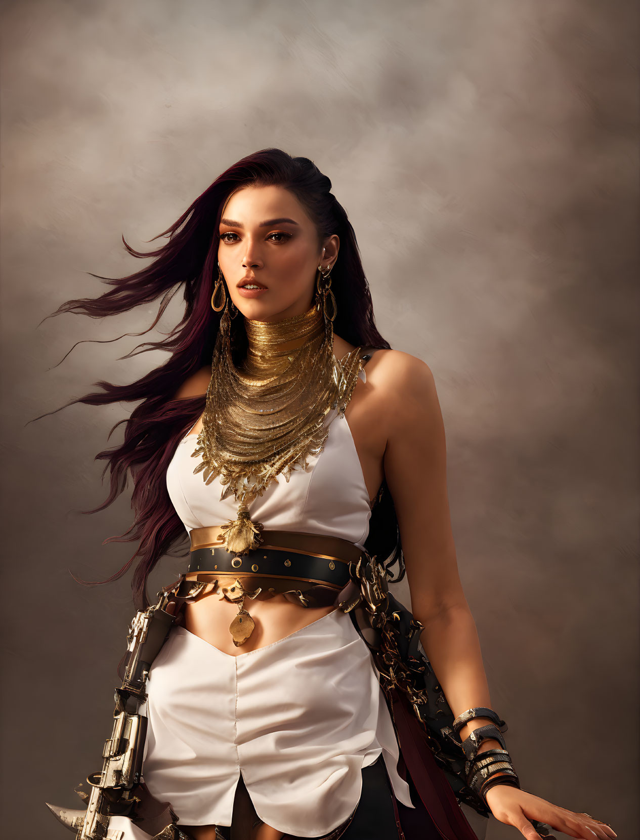 Dark-haired woman in white top with gold accessories on smoky background