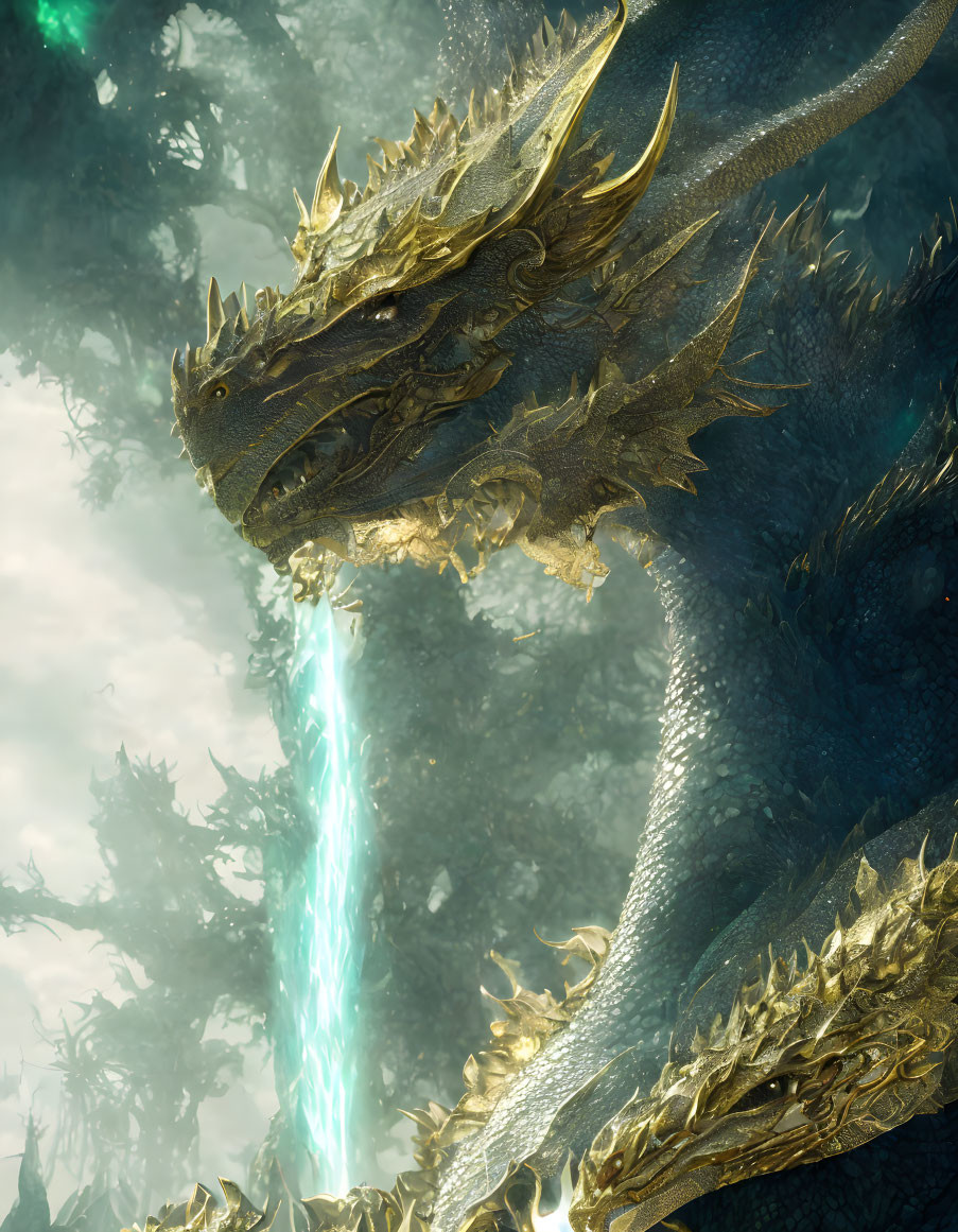 Golden-horned blue dragon exhales blue energy in ethereal forest