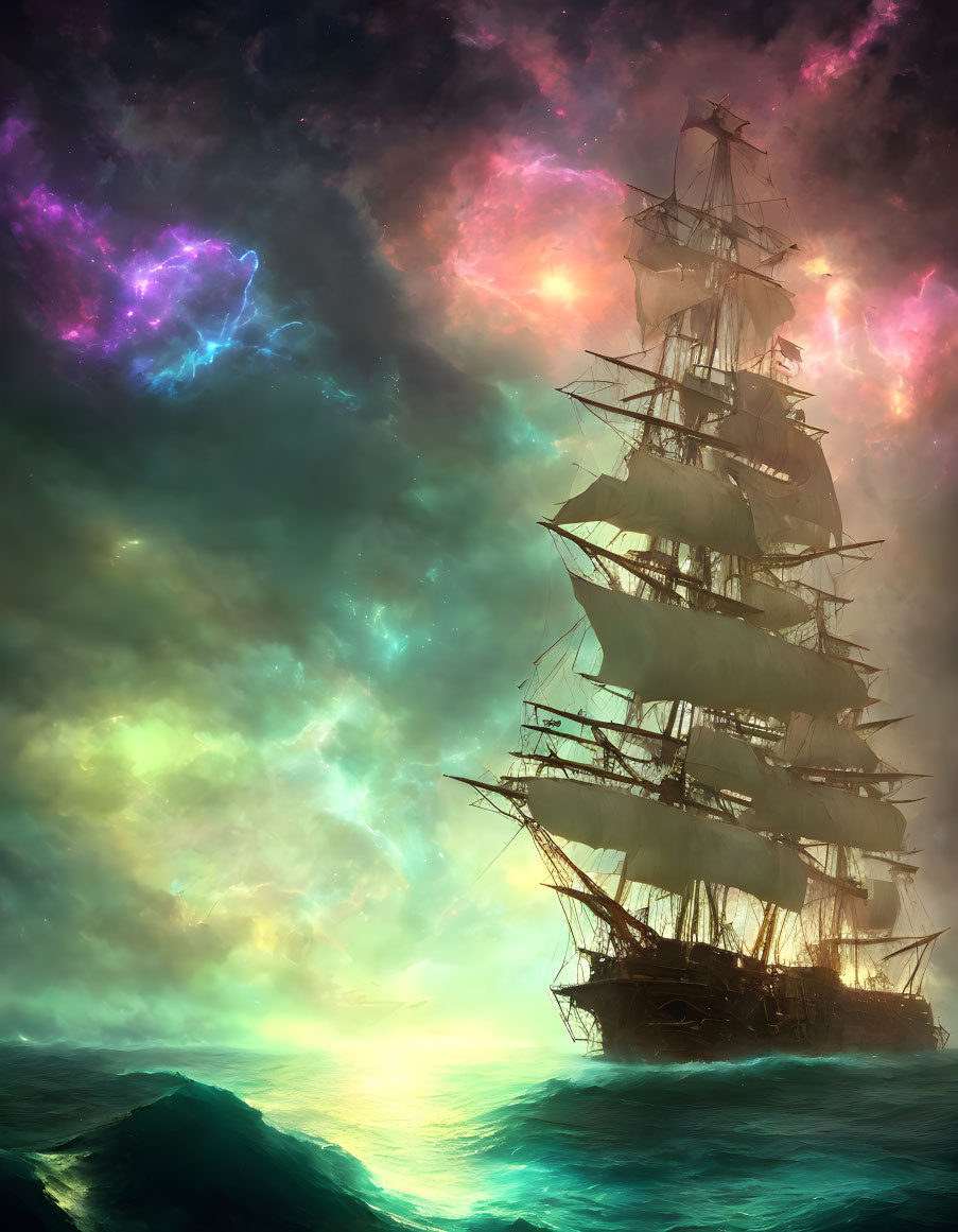 Tall ship sailing on tumultuous seas under vibrant cosmic sky