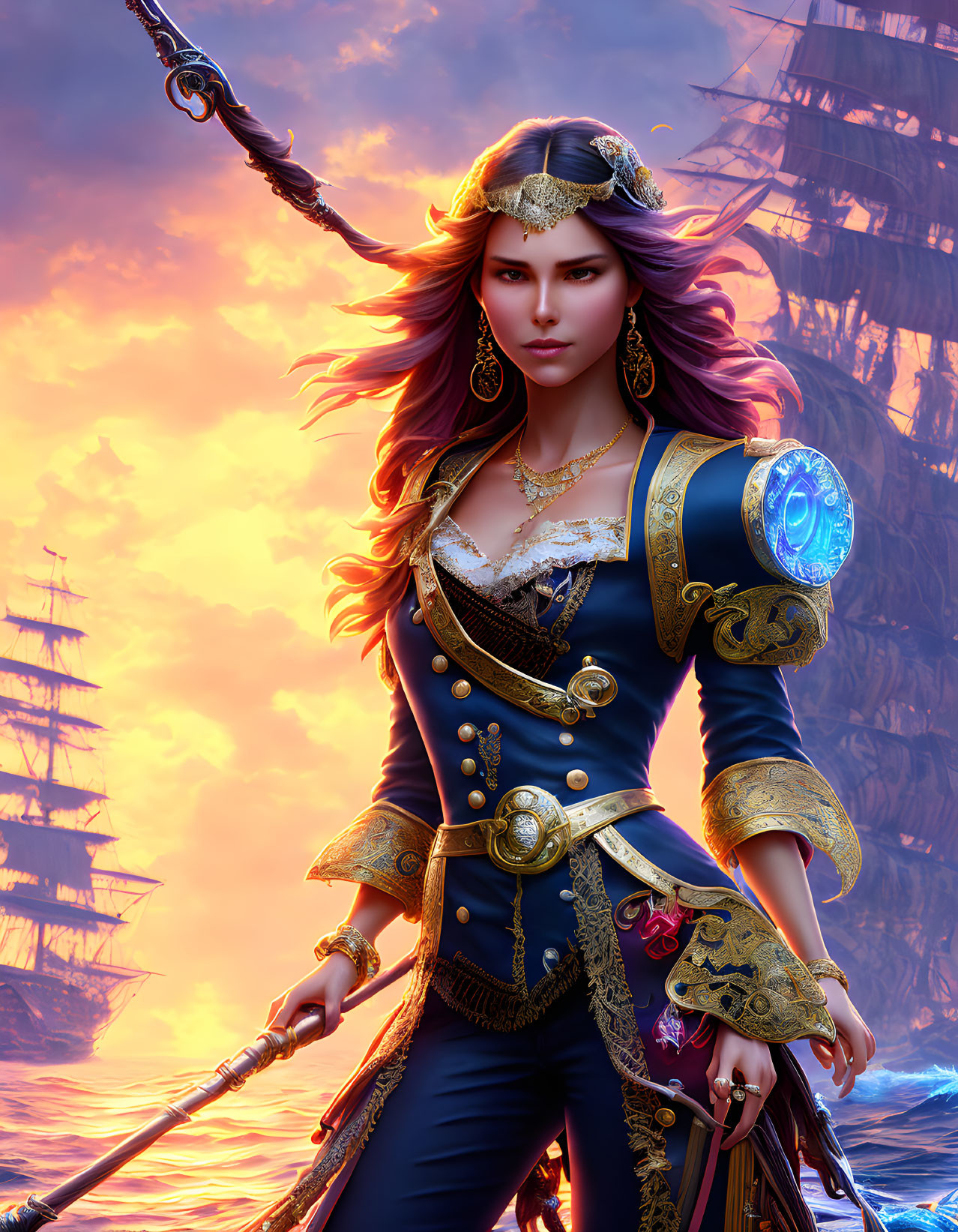 Detailed digital illustration of fierce female pirate with golden crown, ornate outfit, staff, against sunset backdrop