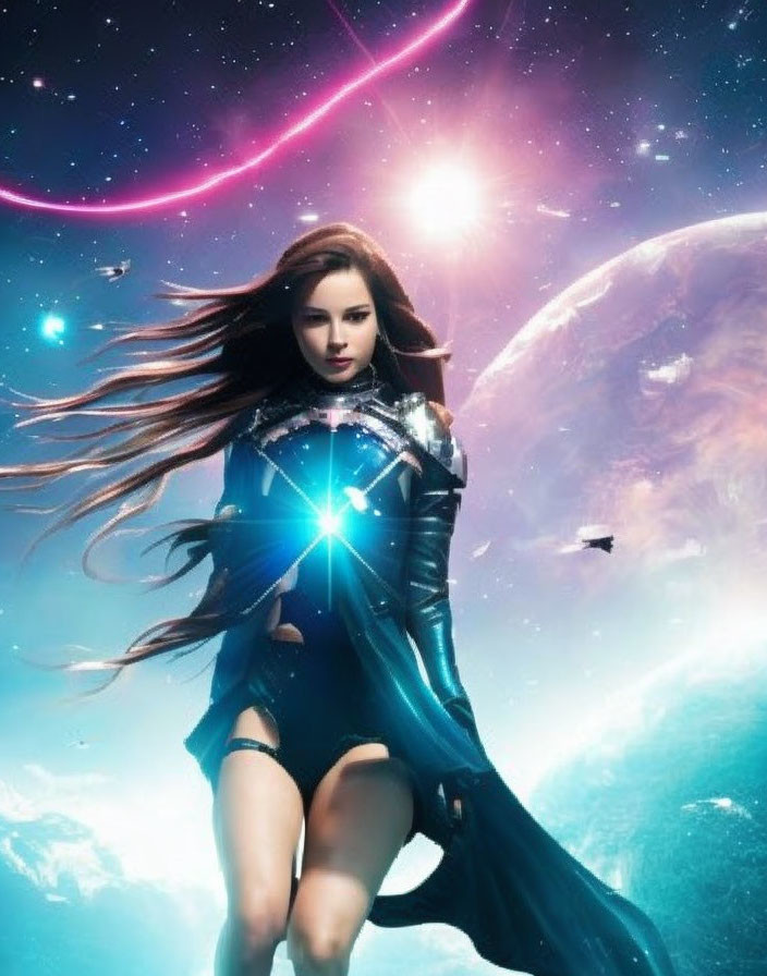 Futuristic woman with glowing orb in cosmic setting