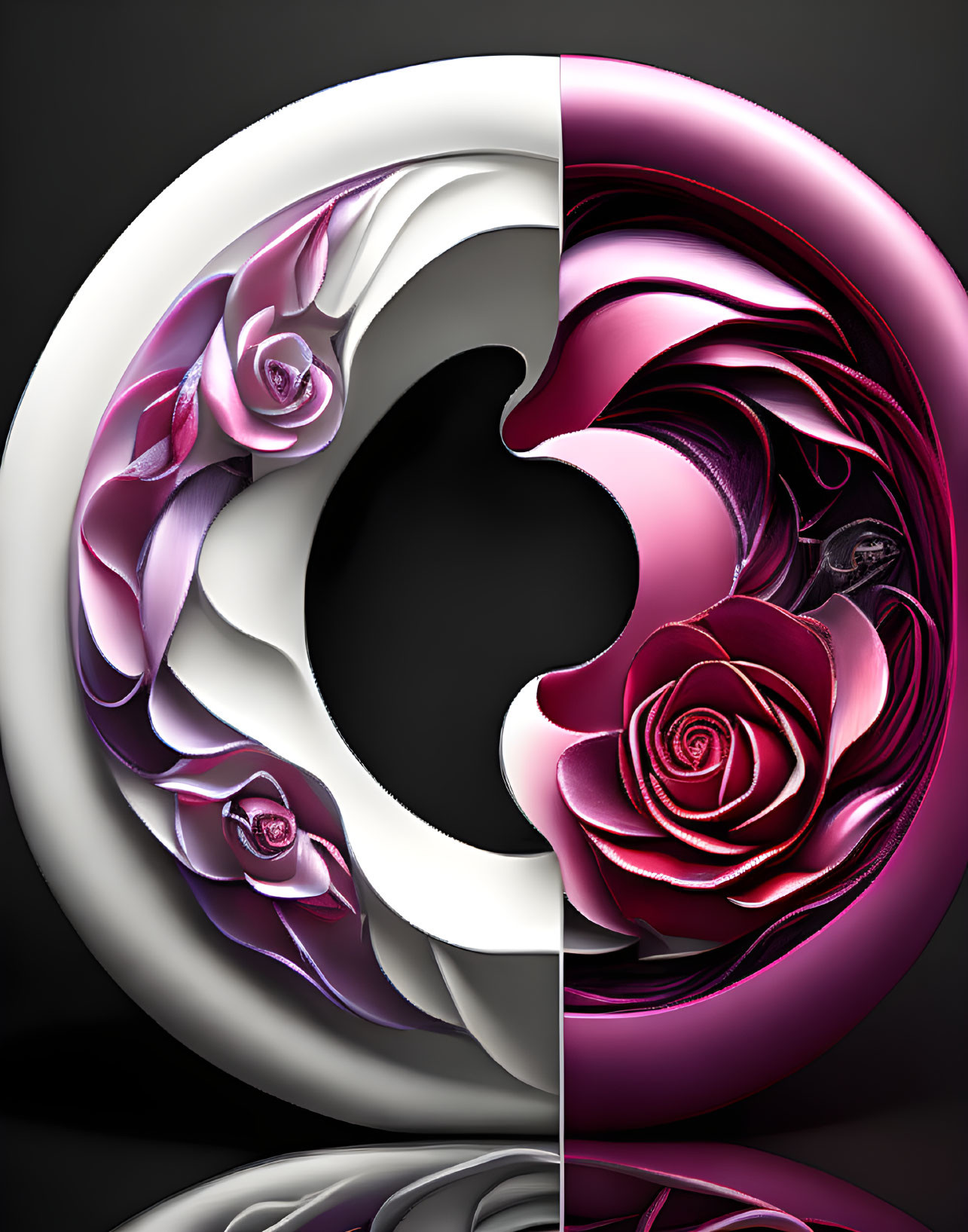 Circular Yin-Yang Motif Design with White and Pink Roses on Black Background