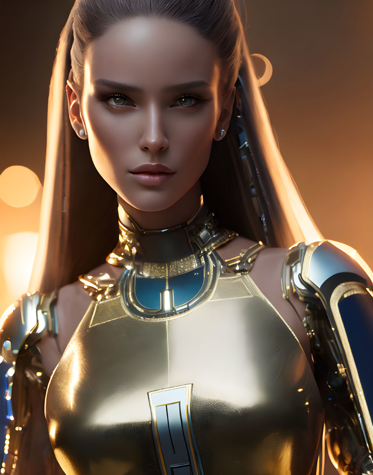 Female Android 3D Rendering in Futuristic Armor with Metallic Body