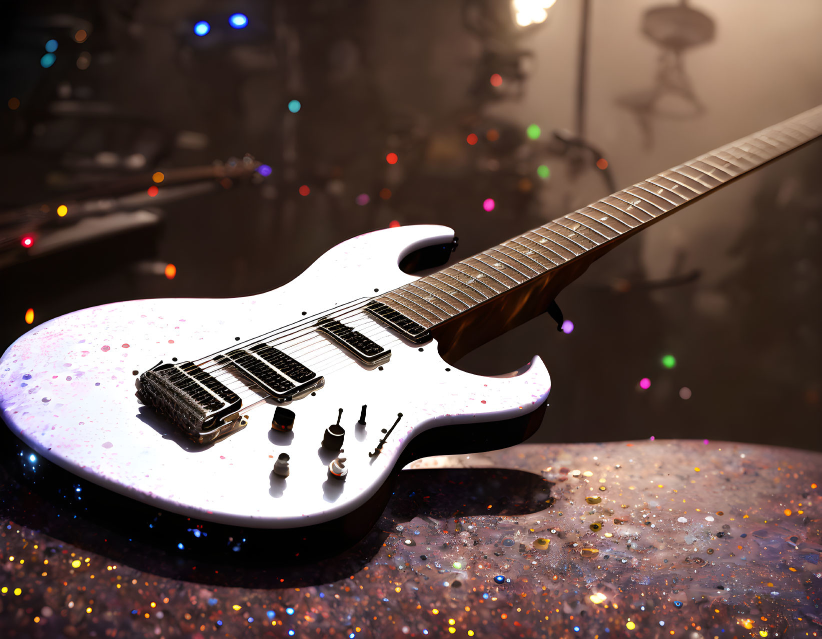 White Electric Guitar on Glittery Surface with Colorful Bokeh and Drum Set Background