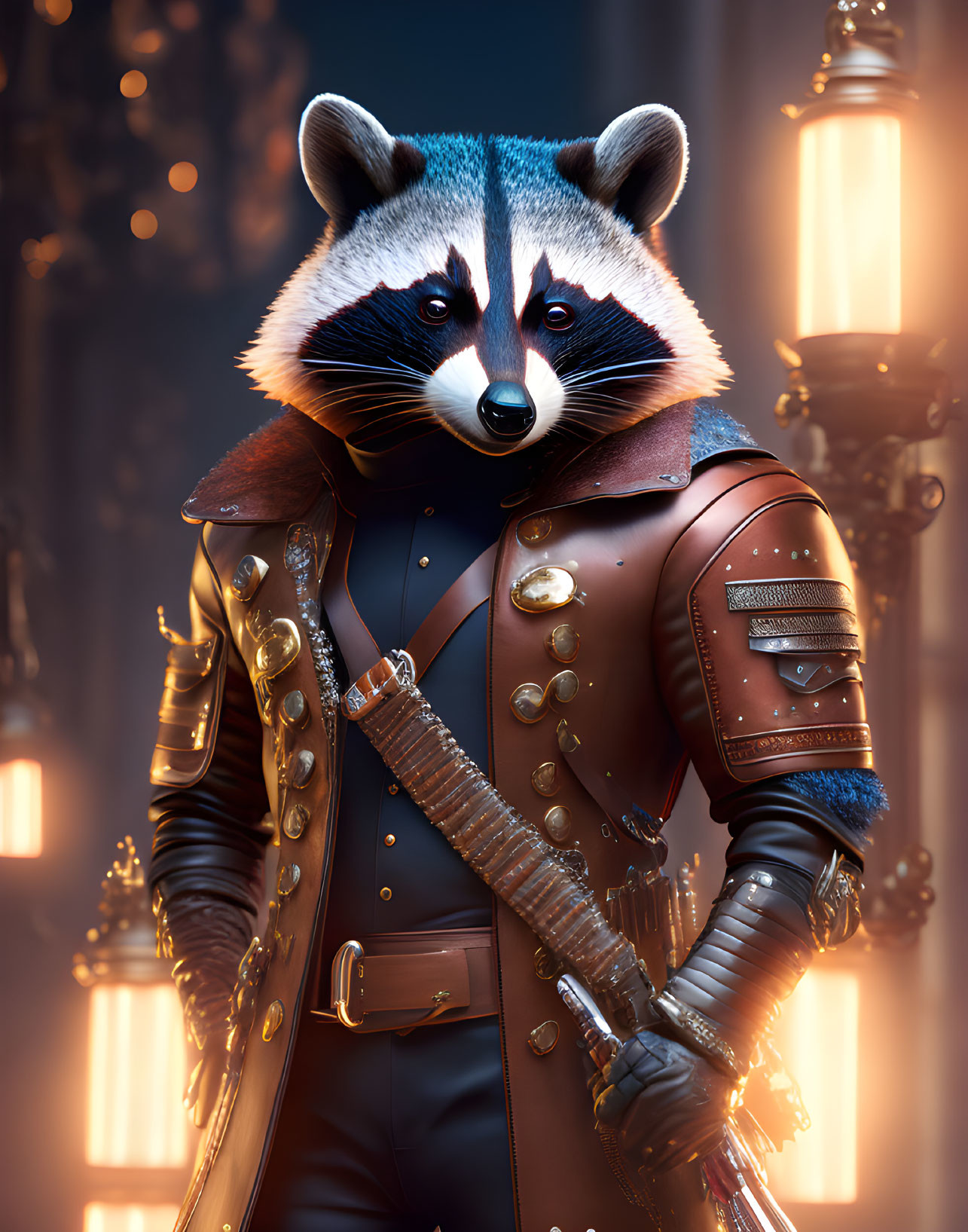 Anthropomorphic raccoon in leather jacket with futuristic weapon and lanterns