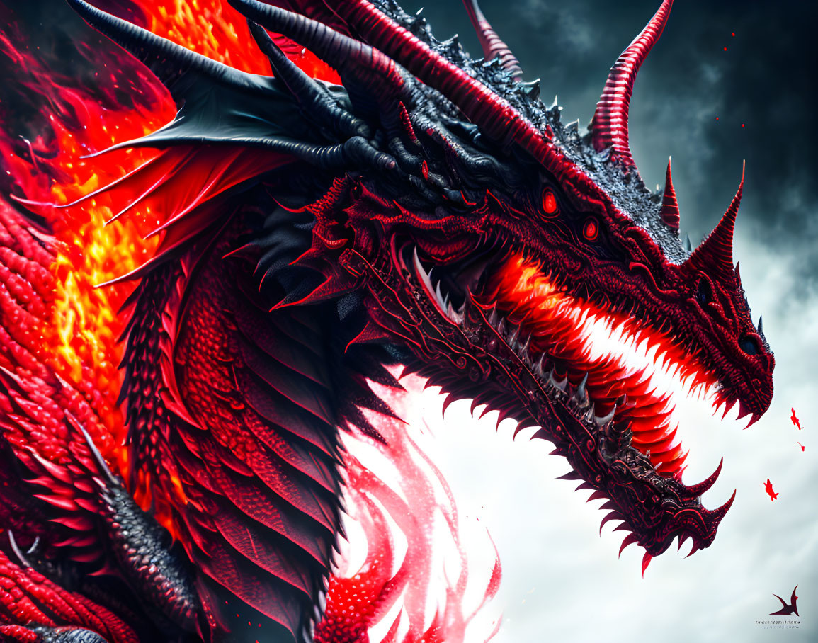 Red dragon with intricate scales and glowing eyes breathing fire against dramatic sky