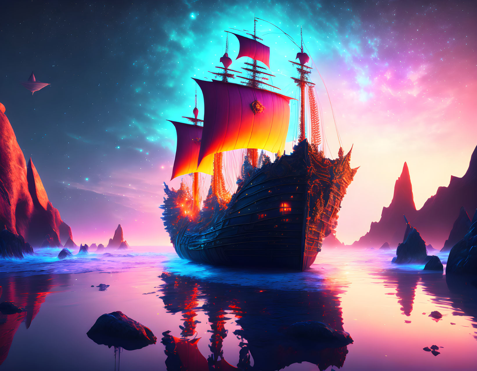 Fantastical glowing sail ship on neon-lit alien ocean