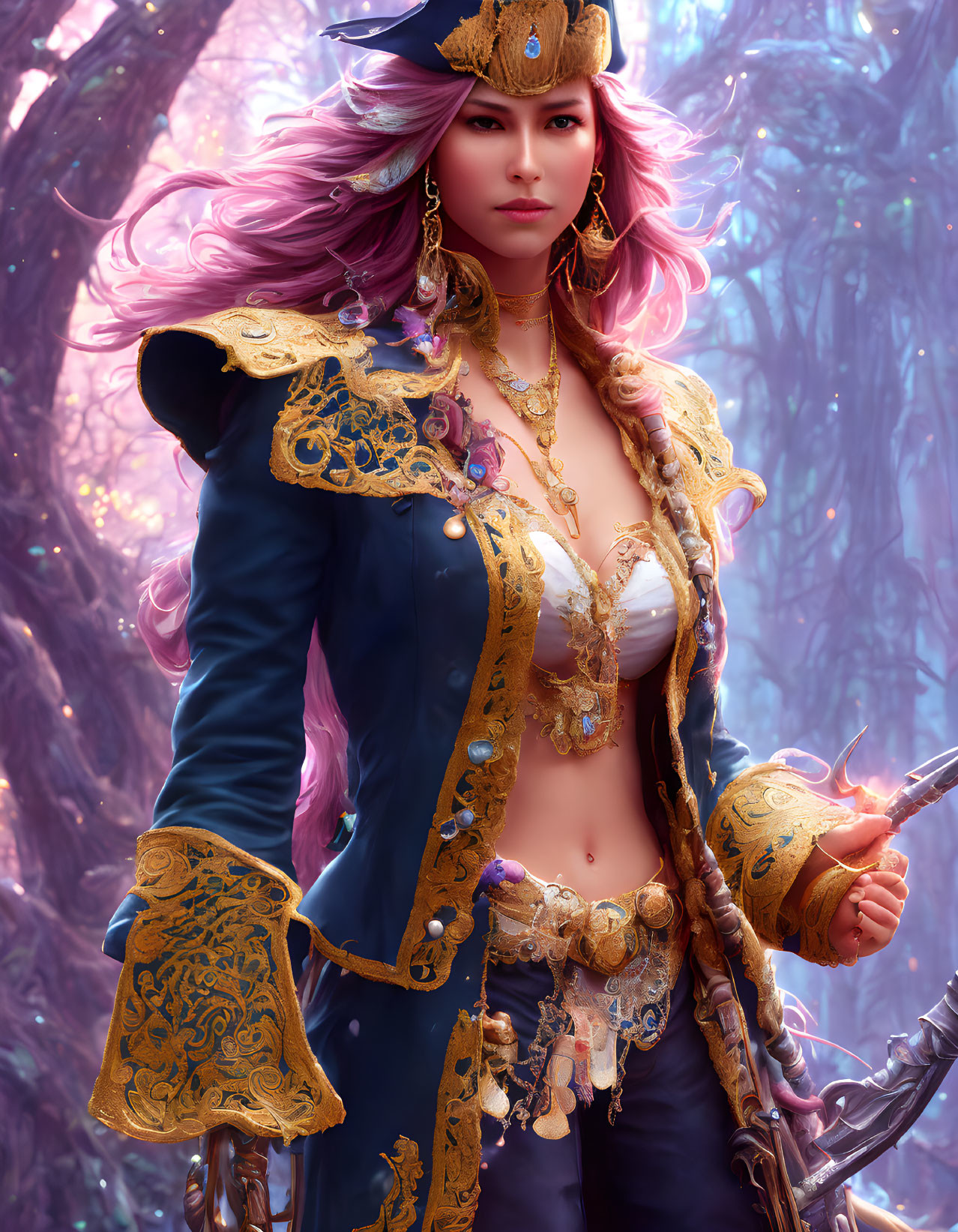 Fantasy illustration: Woman with pink hair, gold-trimmed blue coat, sword, mystical forest