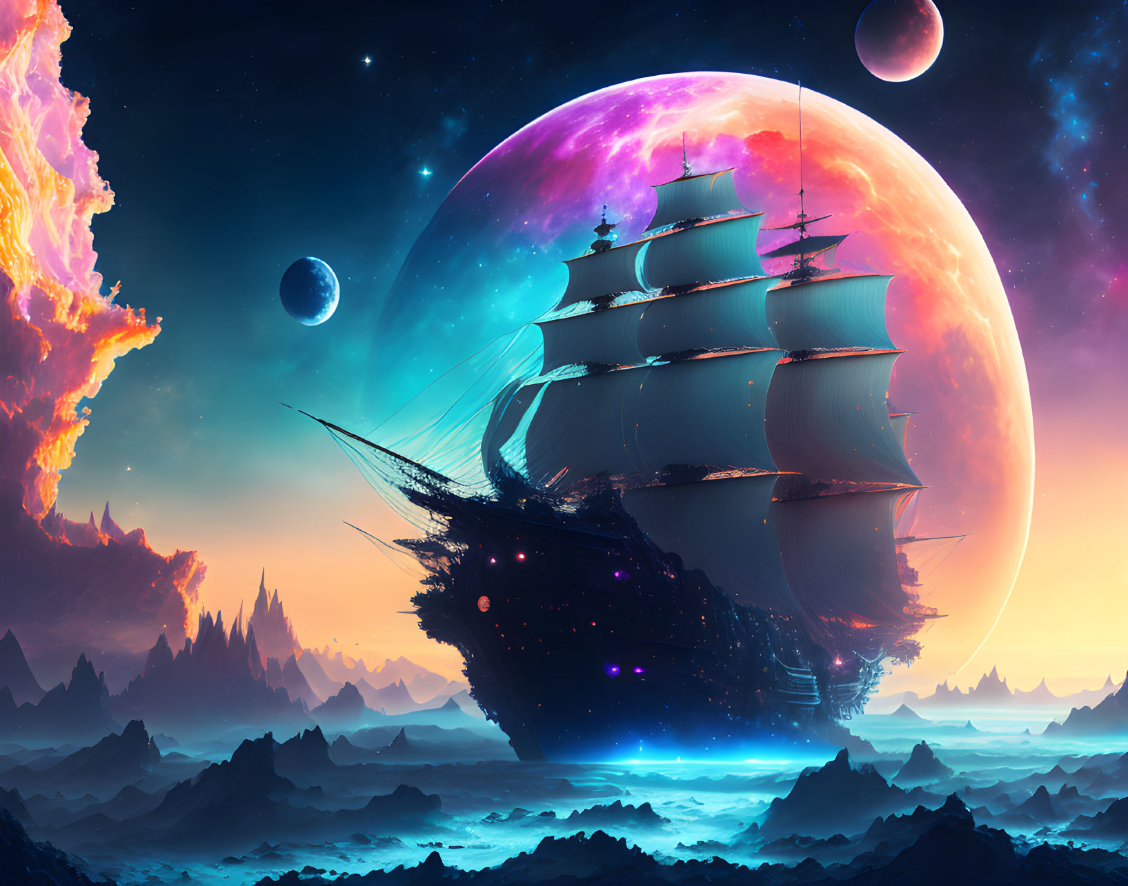 Majestic sailing ship in cosmic landscape with vibrant nebulae