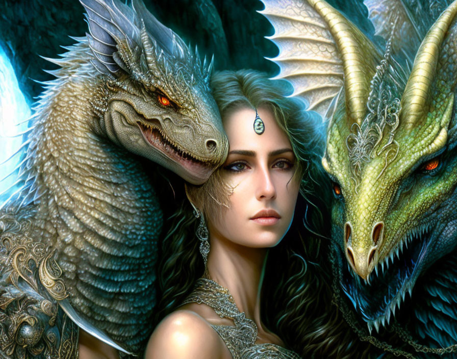 Woman with striking eyes and two majestic dragons in detailed, fantastical style