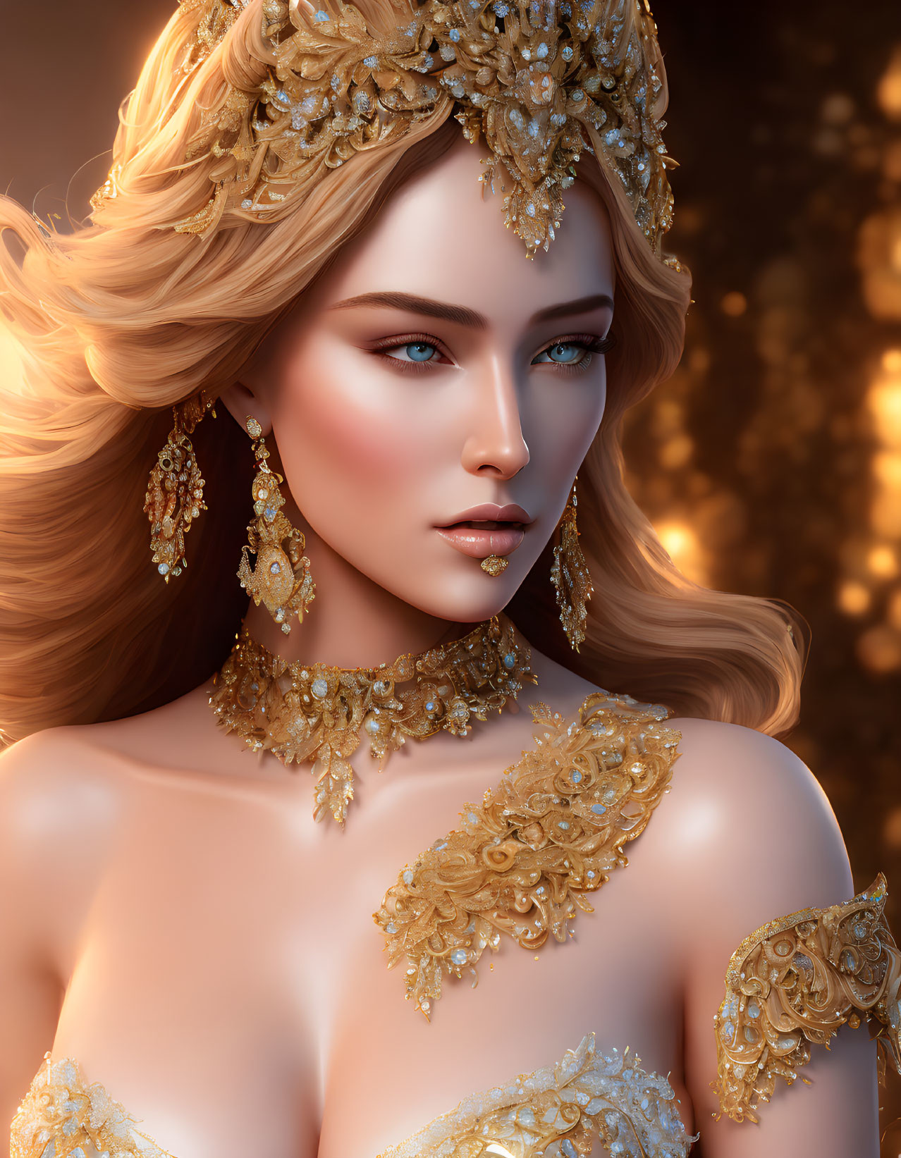 Regal Woman with Golden Headdress and Blue Eyes