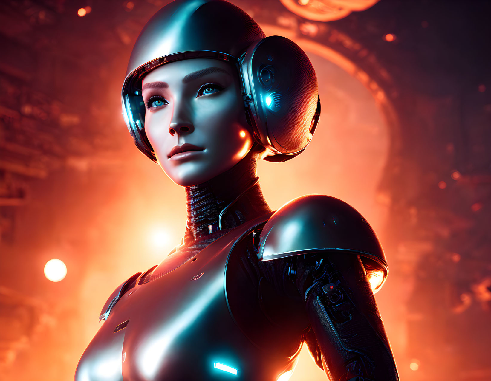 Futuristic female robot with black design and illuminated eyes on neon-lit backdrop